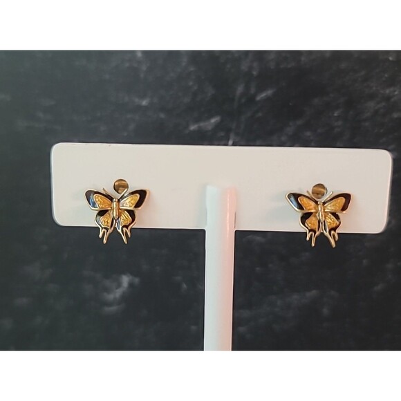 Enamel Butterfly Gold Tone Metal Butterfly Shaped Clip-on Earrings Vintage - Picture 2 of 10